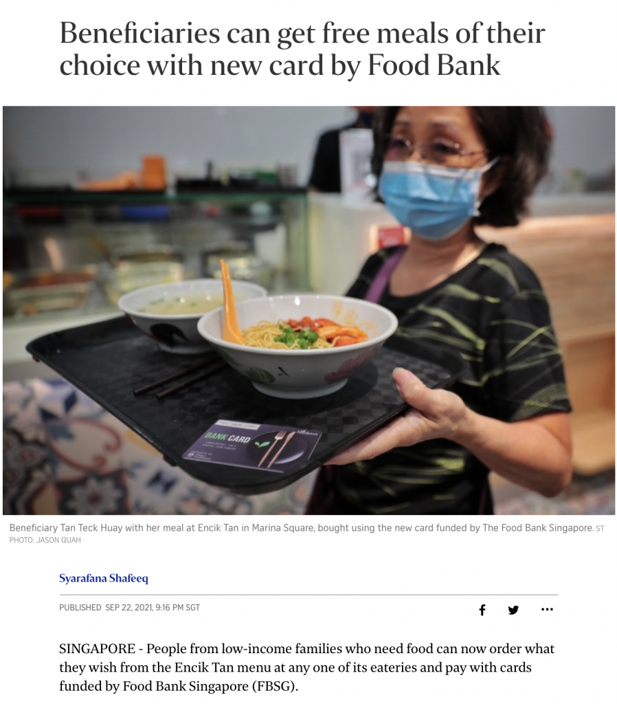 The Straits Times - Beneficiaries can get free meals of their choice with new card by Food Bank
